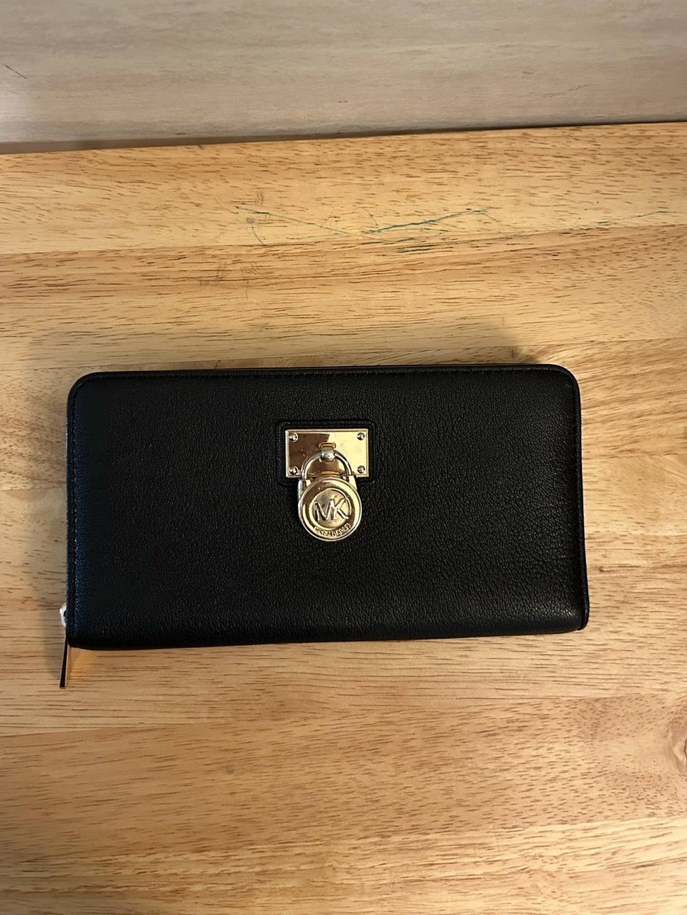 Michael Kors Hamilton Black Zip Around Continental Wallet with Gold MK Turnlock